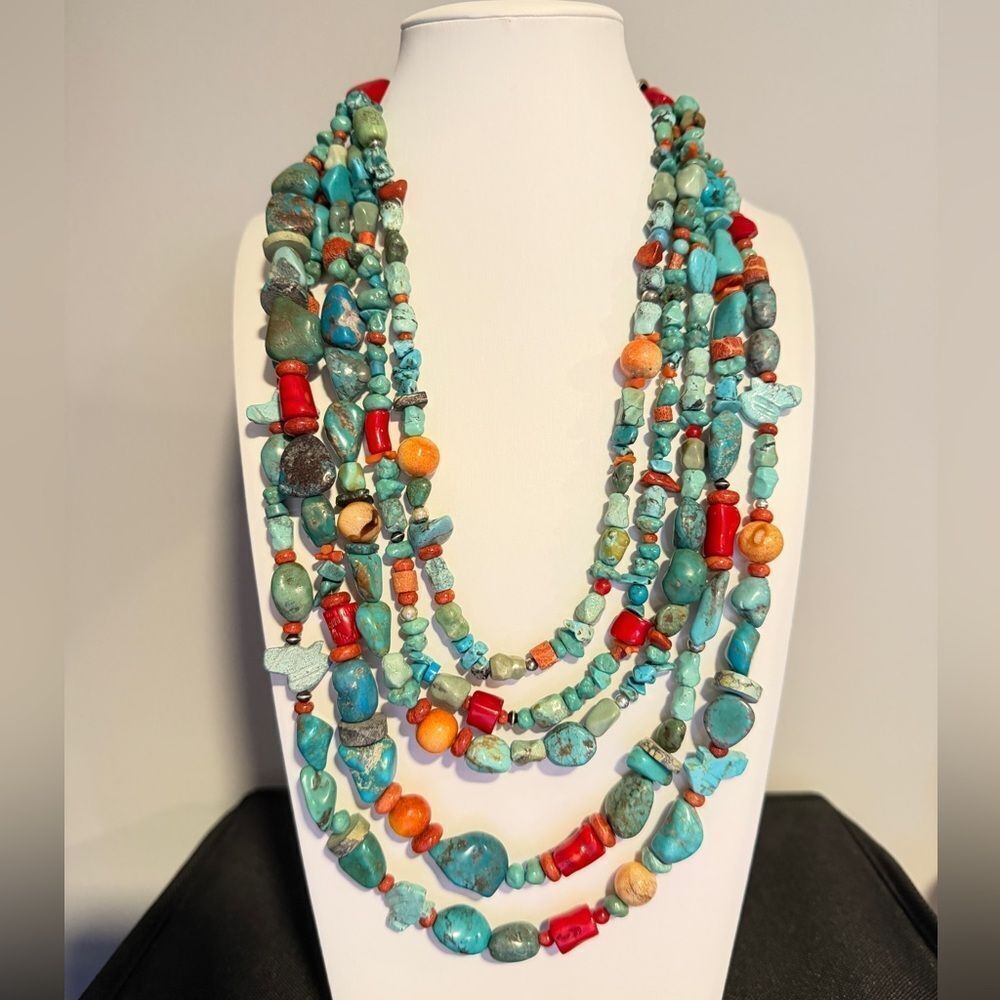 AMAZING ~20" 5 strands of Coral, Silver, TURQUOISE beads w/ VTG 925 TAXCO clasp! - Picture 10 of 13